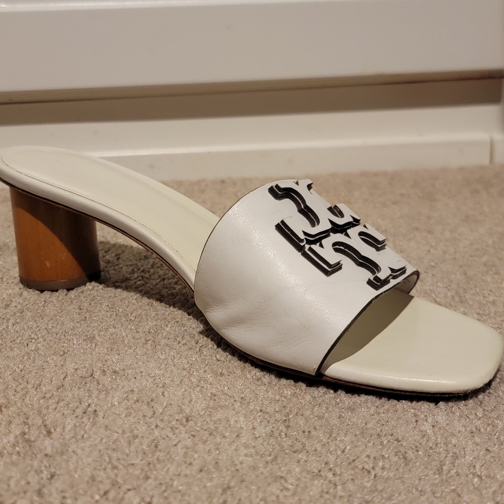 Tory Burch Ines Goat Leather Mule Heeled Sandal Gardenia/White Size 8.5 - Picture 5 of 12